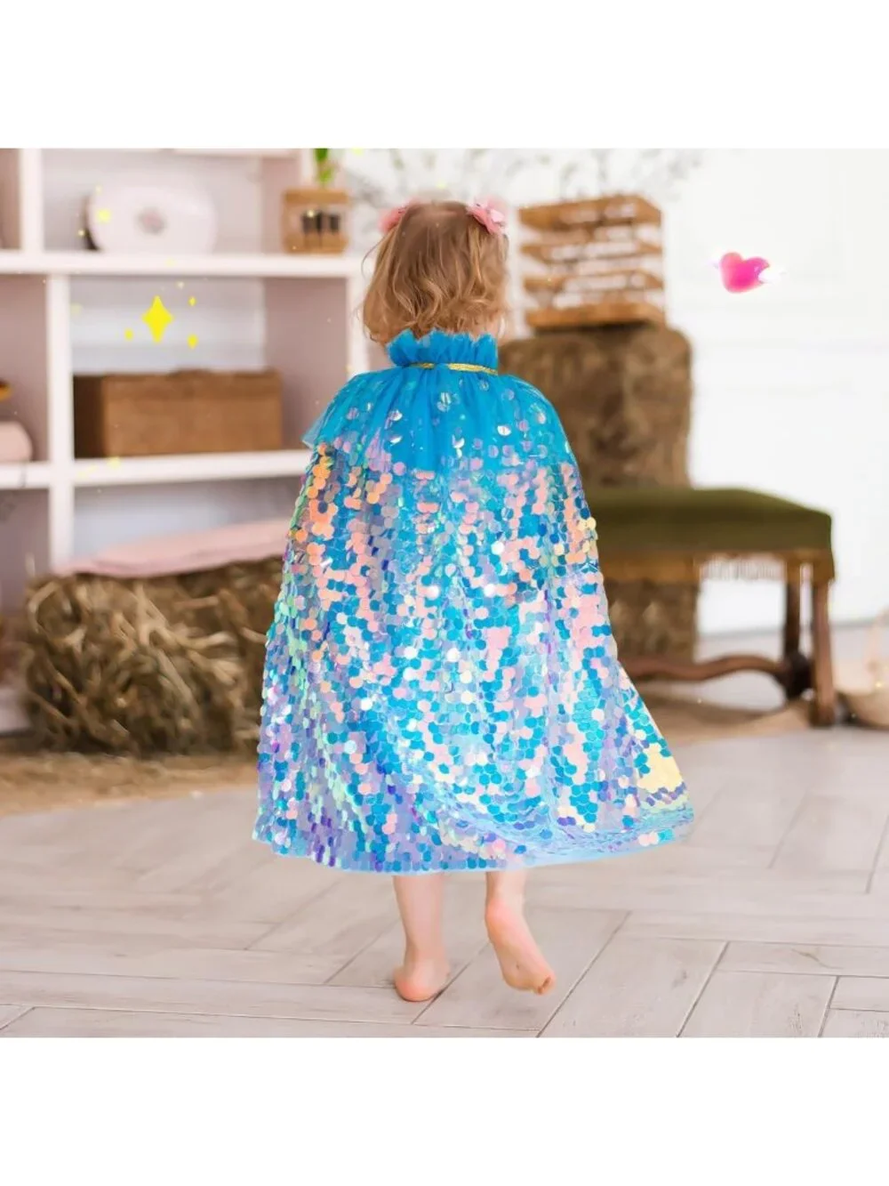 Mermaid Princess Dress Up Cape with Crown Costume Set for Girls Ages 3-8- Blue